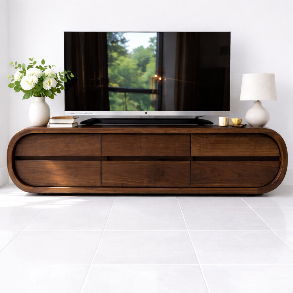 Solid Wood TV Stand with Drawers, Curved Modern Media Console Cabinet for Living Room