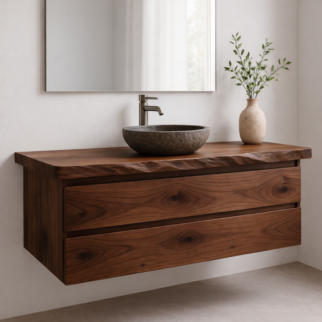 Floating Solid Wood Bathroom Vanity with Double Drawers – Modern Minimalist Wall Mounted Cabinet
