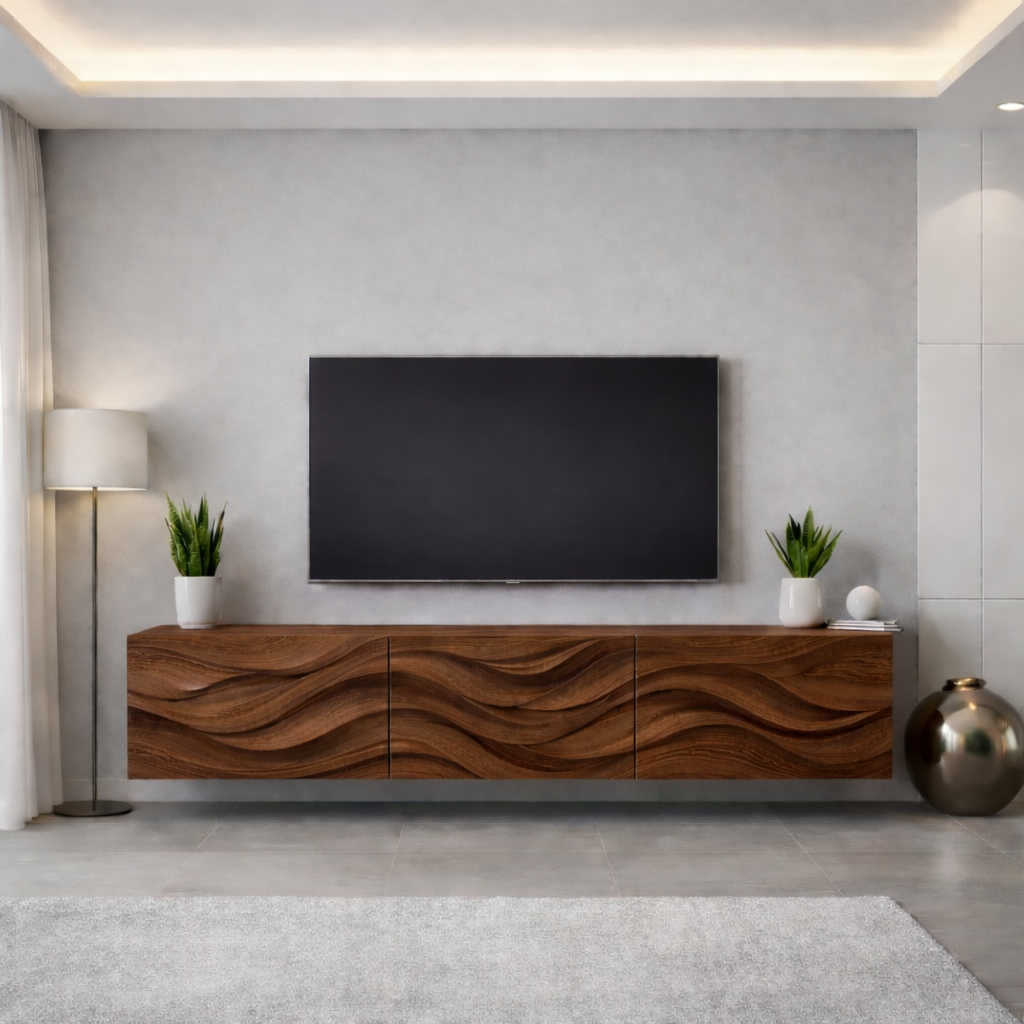 Wave Carved Solid Oak TV Stand with Modern Design, Stylish Media Console for Living Room