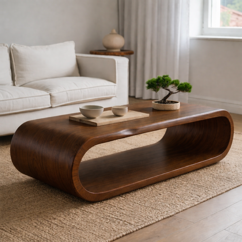 Sculptural Walnut Coffee Table with Curved Design and Open Shelf, Modern Living Room Decor