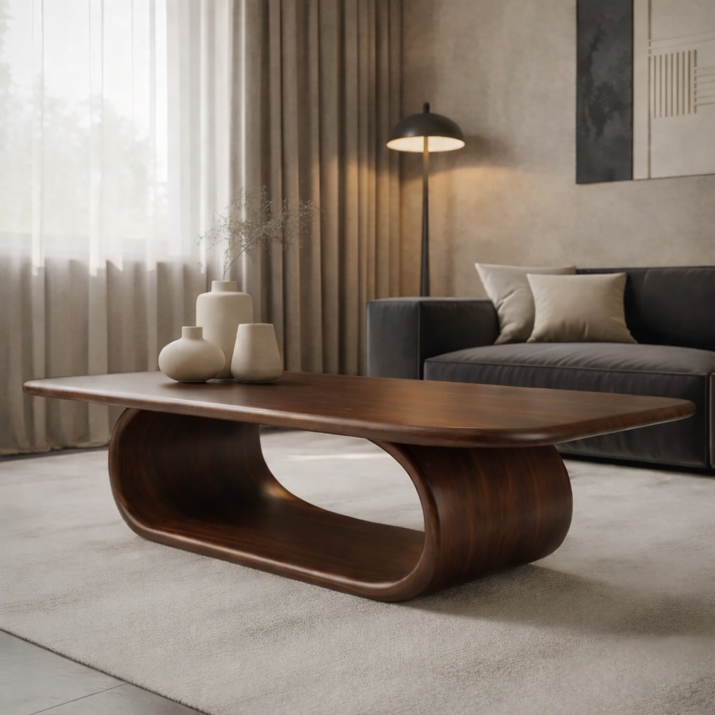 Sculptural Walnut Coffee Table with Curved Design and Open Shelf, Modern Living Room Décor
