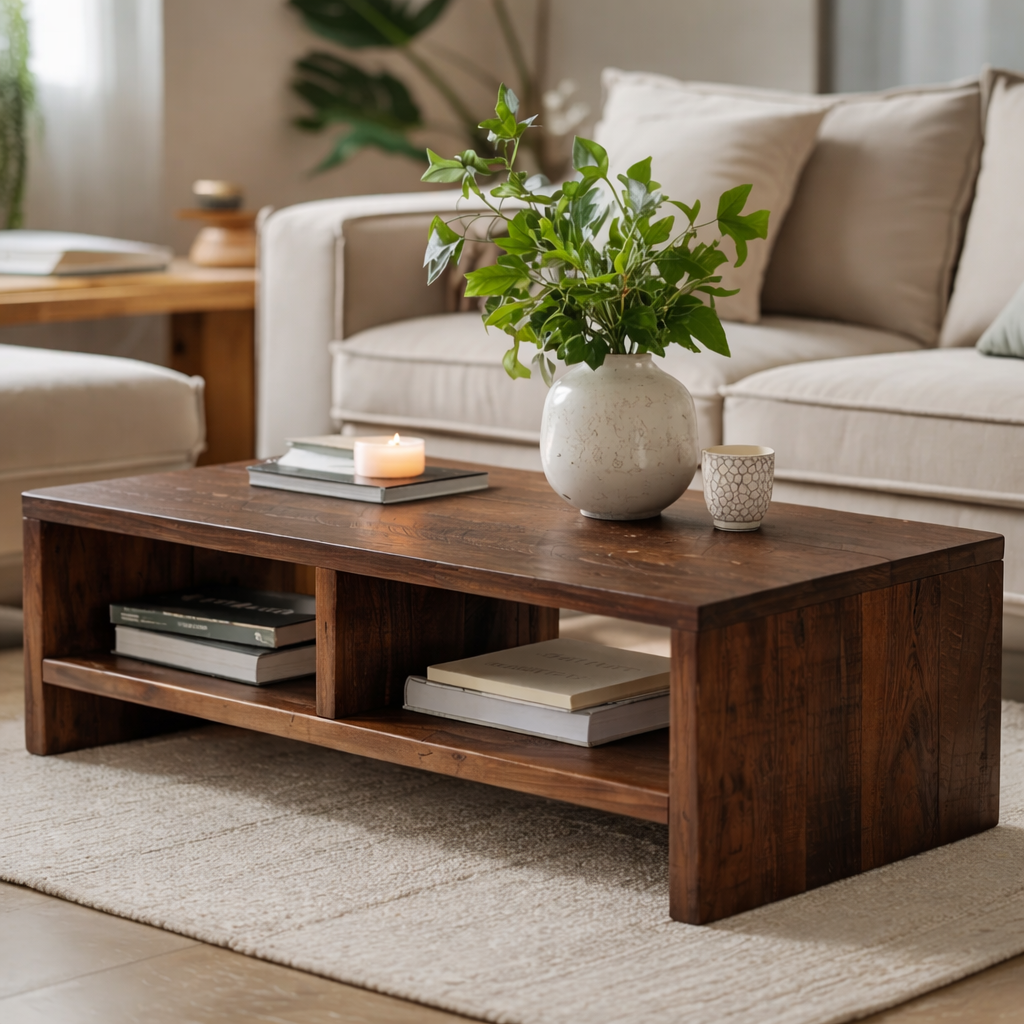 Solid Wood Coffee Table with Open Storage, Rustic Design for Living Room and Décor