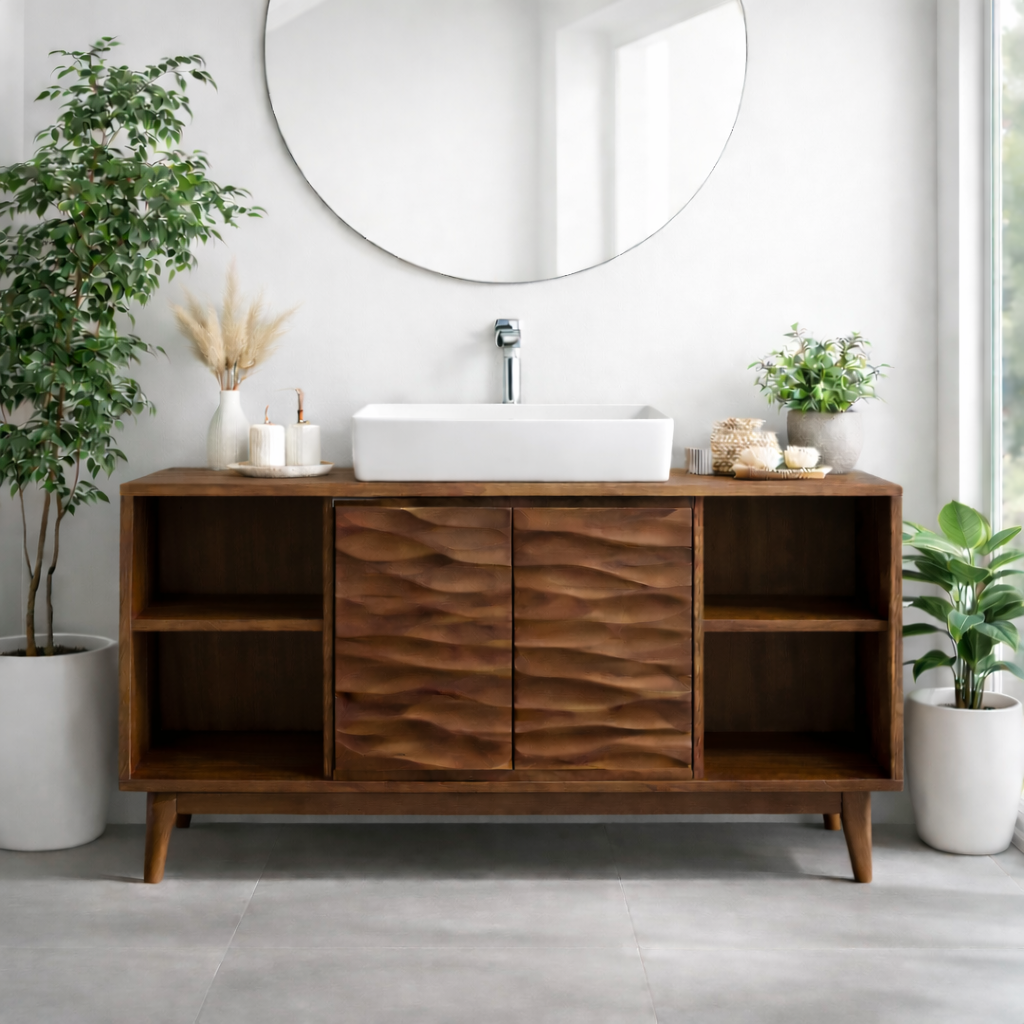 Mid-Century Solid Wood Bathroom Vanity with Textured Cabinet Doors and Open Shelving