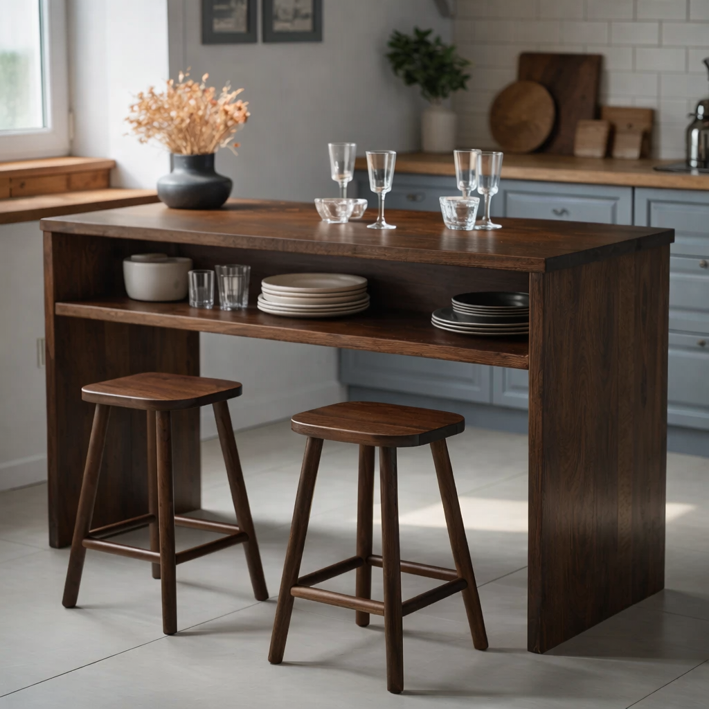 Modern Solid Wood Kitchen Island with Open Shelf Storage and Breakfast Bar Table