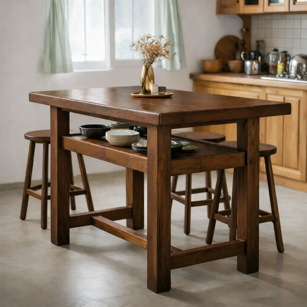 Solid Wood Kitchen Island Table with Open Shelf Storage and Spacious Prep Surface