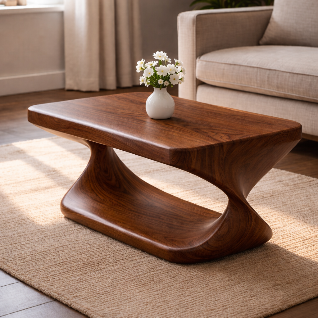 Modern Solid Wood Coffee Table with Sculptural Curved Base and Rectangular Wood Top