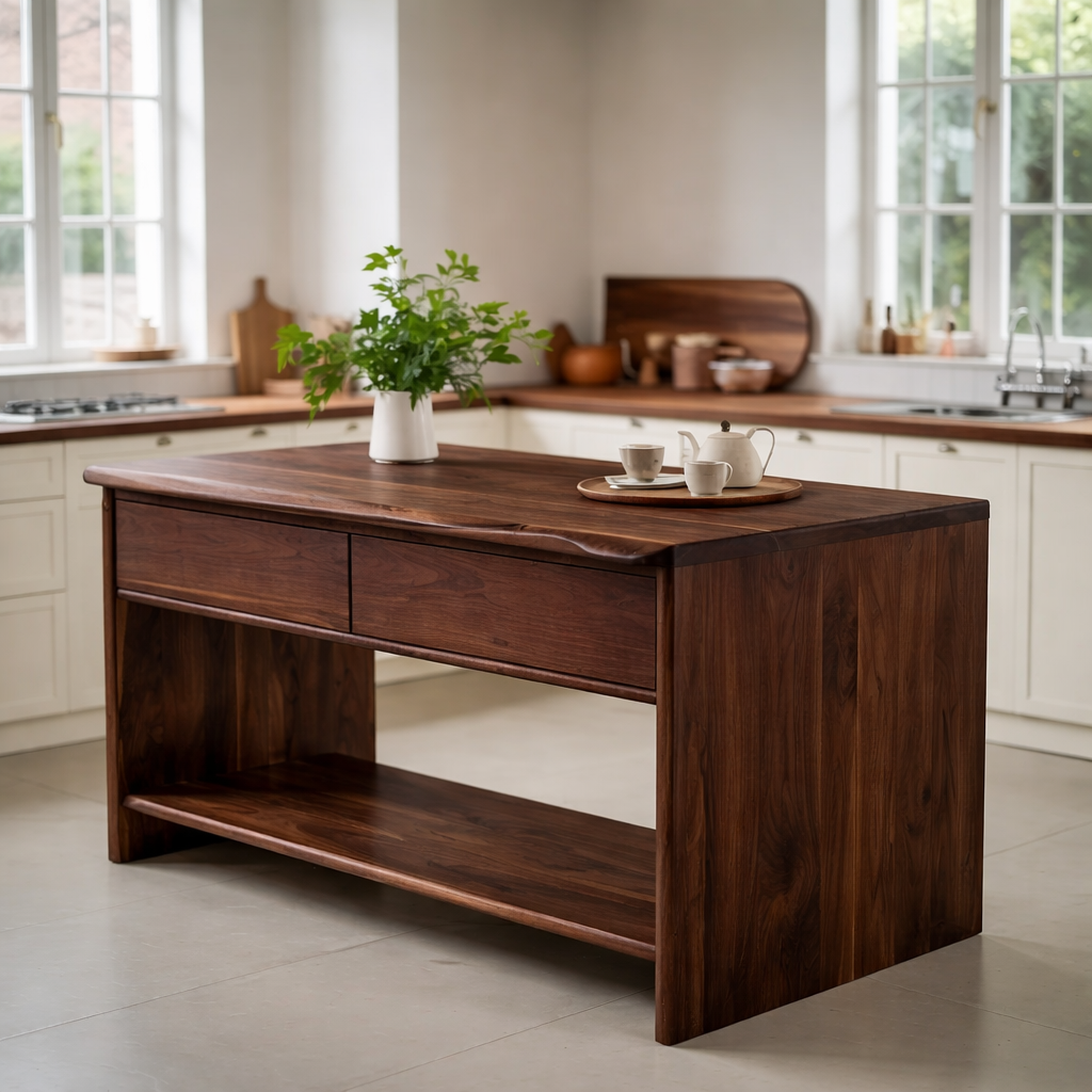 Modern Solid Wood Kitchen Island with Drawer and Open Shelf Storage Prep Table