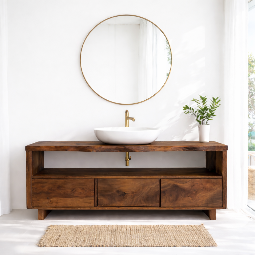 Solid Wood Bathroom Vanity with Open Shelf and Three Drawers – Rustic Freestanding Wood Vanity Cabinet