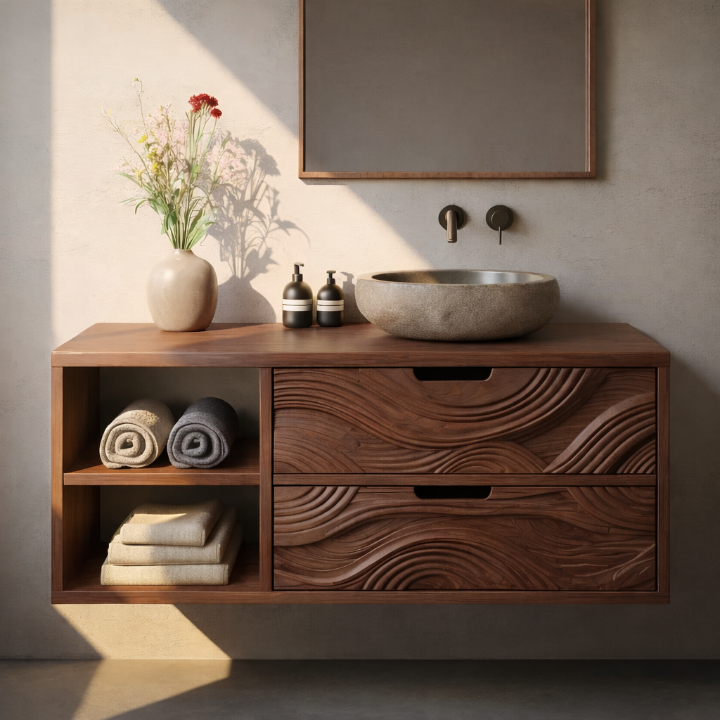 Floating Solid Wood Bathroom Vanity with Sculpted Wave Drawers and Open Shelf – Modern Organic Bathroom Cabinet