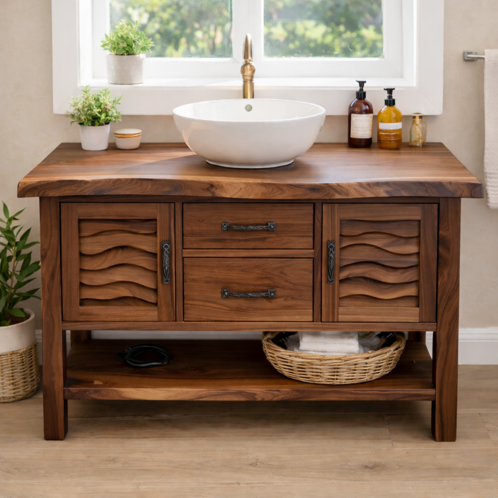 Solid Wood Bathroom Vanity with Sculpted Wave Doors and Open Shelf