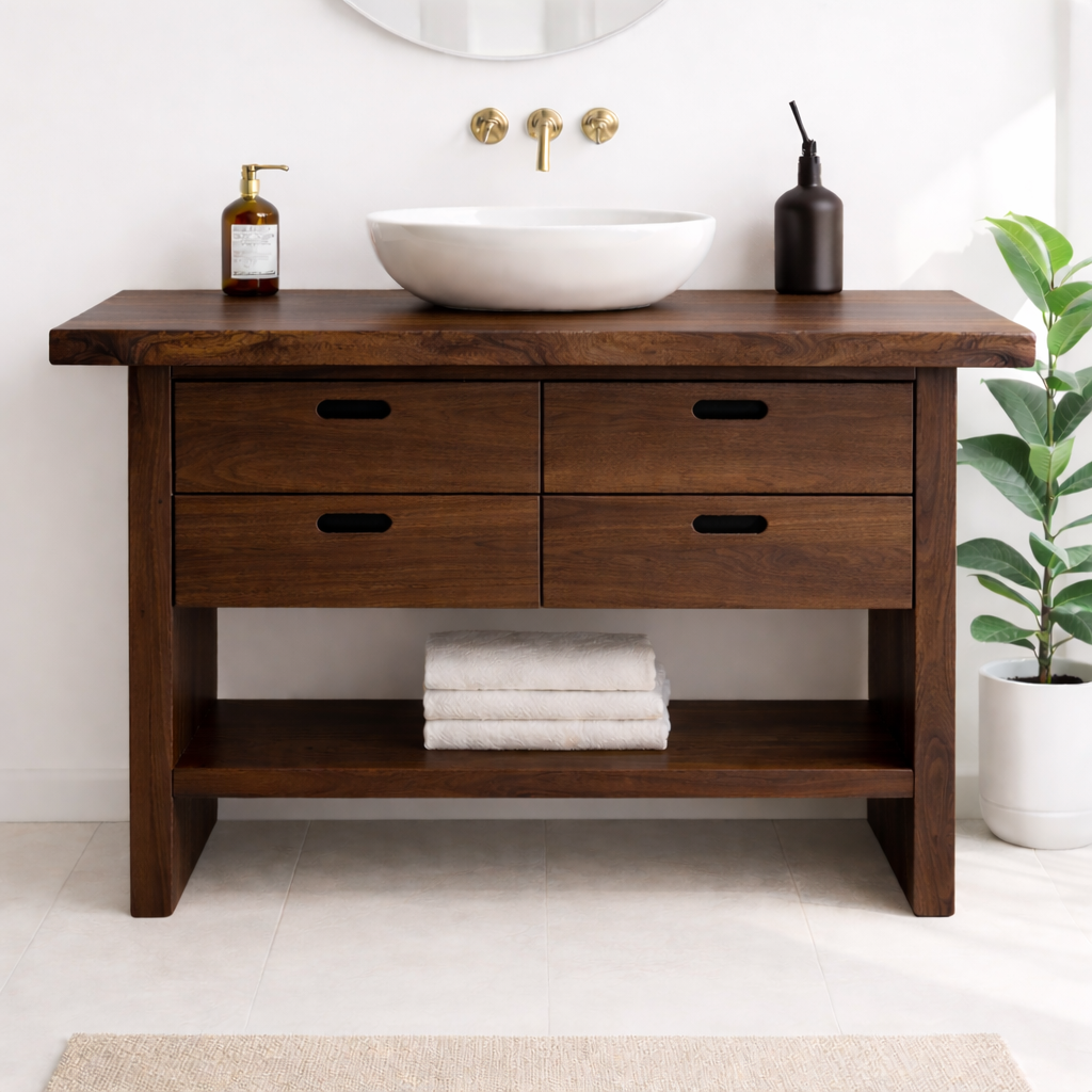 Solid Wood Bathroom Vanity Cabinet with Live Edge Top, 4 Drawers and Open Storage Shelf