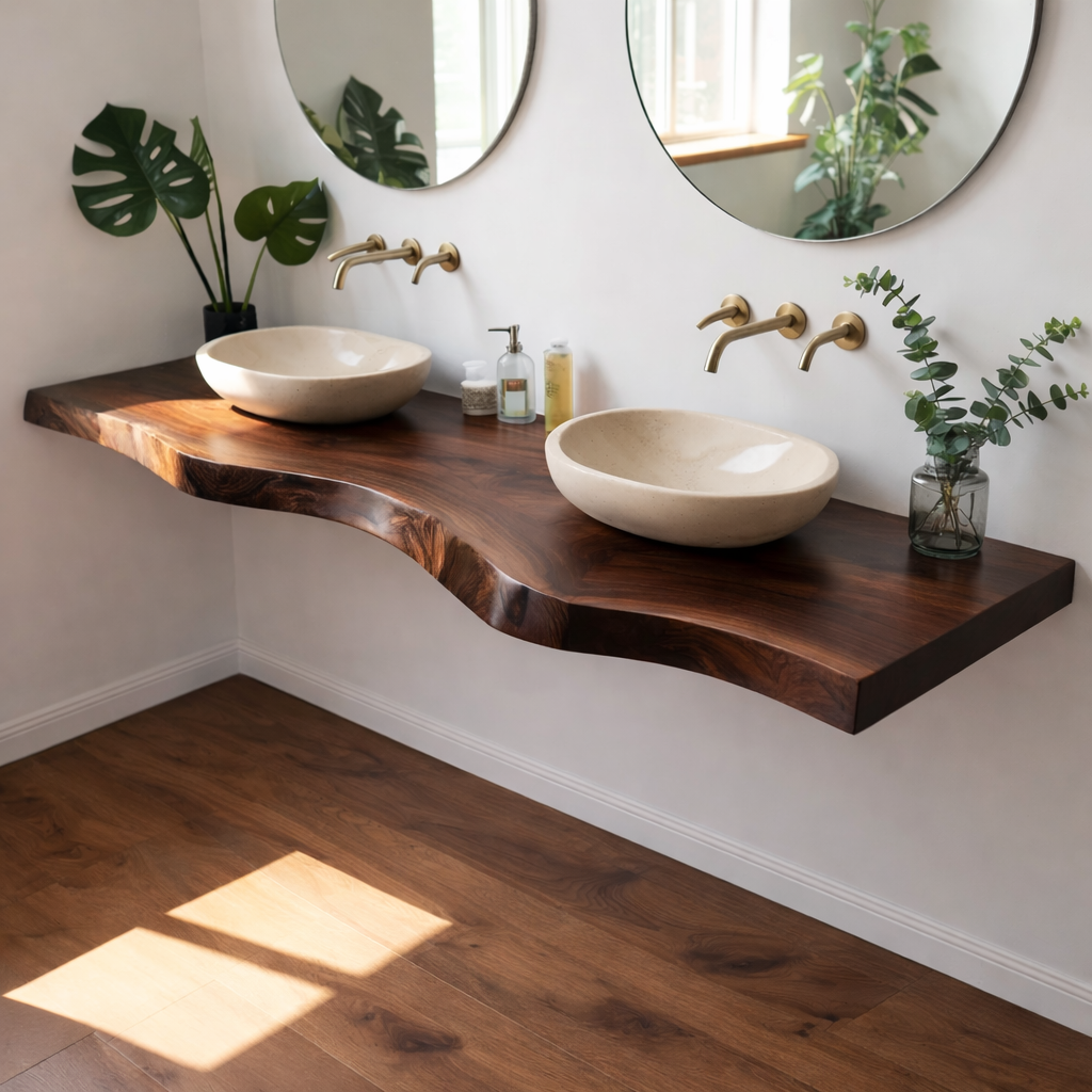 Floating Live Edge Solid Wood Double Sink Bathroom Vanity Top – Rustic Wall Mounted Wood Countertop