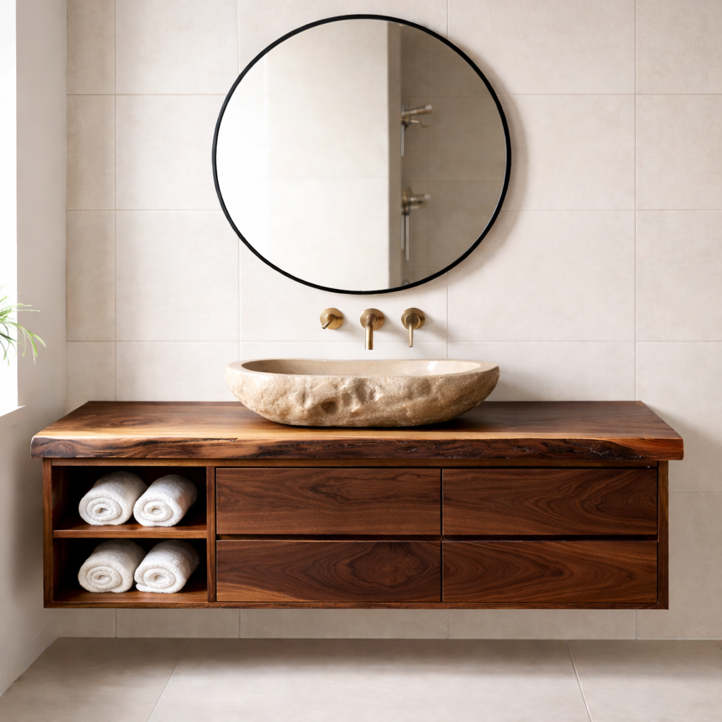 Floating Solid Wood Bathroom Vanity with Live Edge Countertop, Drawers and Open Storage