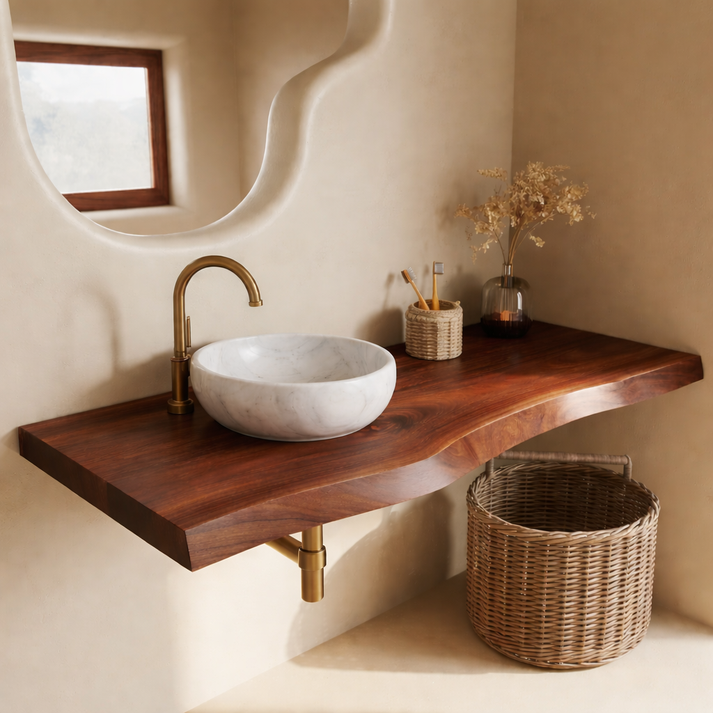Floating Live Edge Solid Wood Bathroom Vanity Top – Rustic Wall Mounted Wood Countertop Shelf