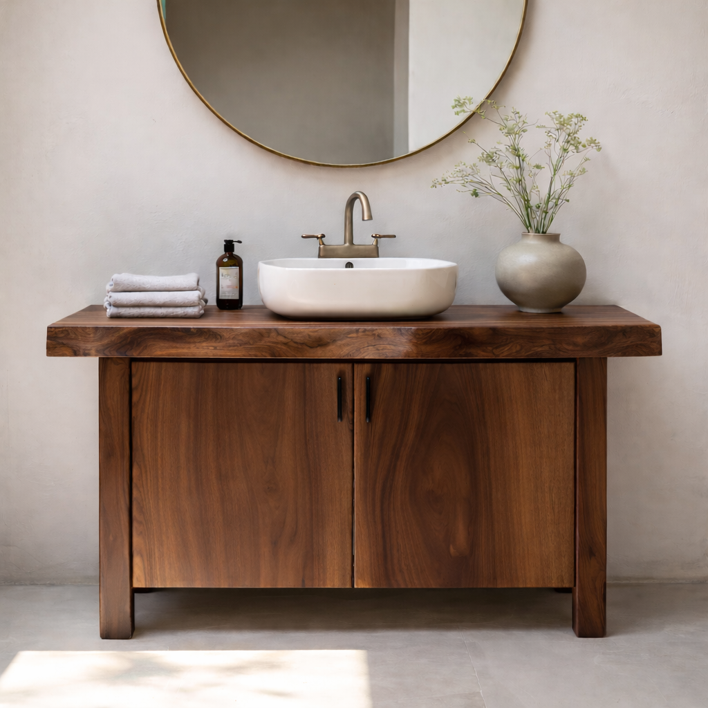 Solid Wood Bathroom Vanity with Slab Doors – Modern Organic Freestanding Single Sink Cabinet