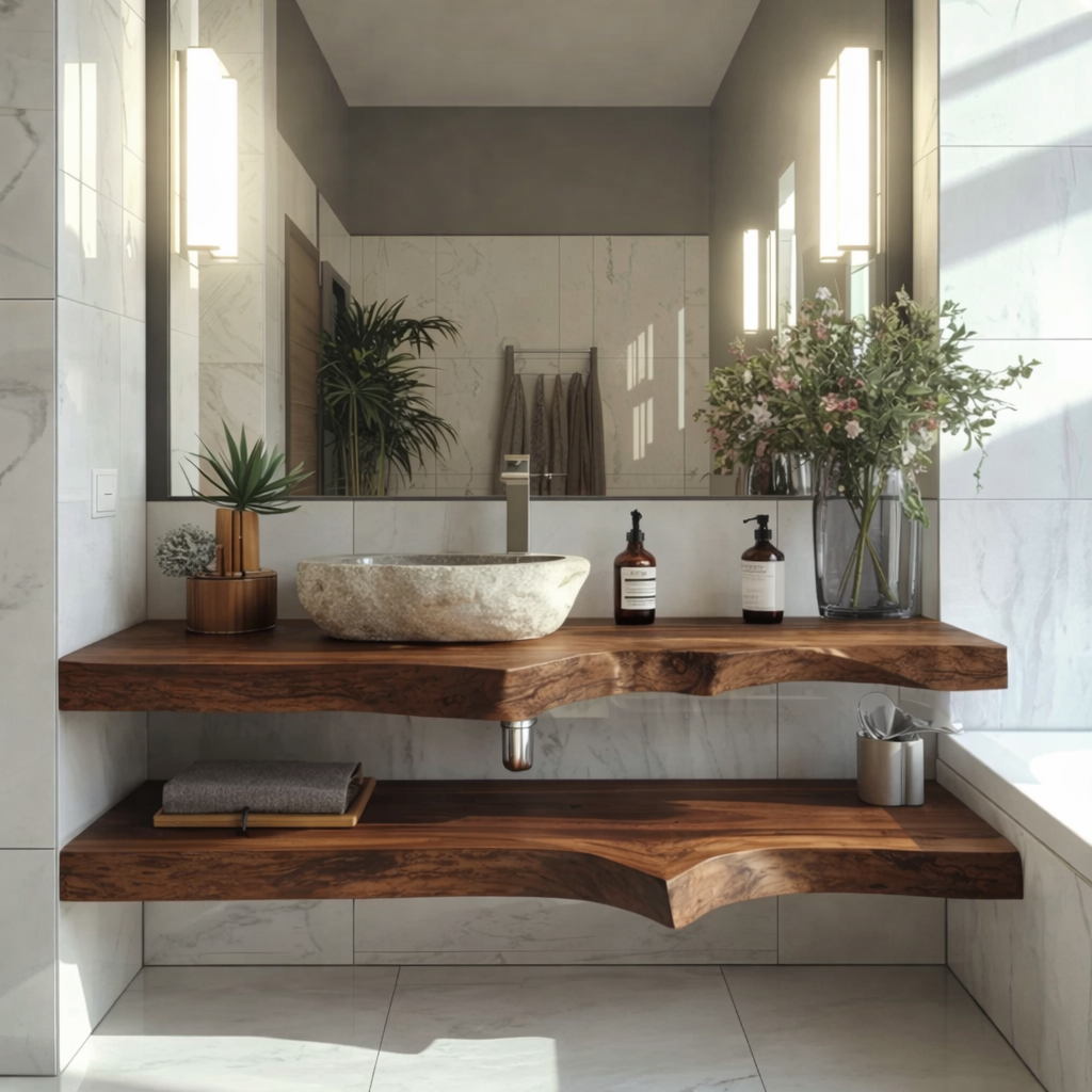 Floating Live Edge Solid Wood Bathroom Vanity with Dual Shelves – Modern Natural Wood Wall Mounted Vanity