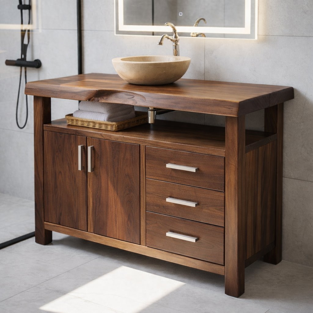 Solid Wood Bathroom Vanity with Cabinet Doors, Three Drawers and Open Shelf – Freestanding Natural Wood Vanity