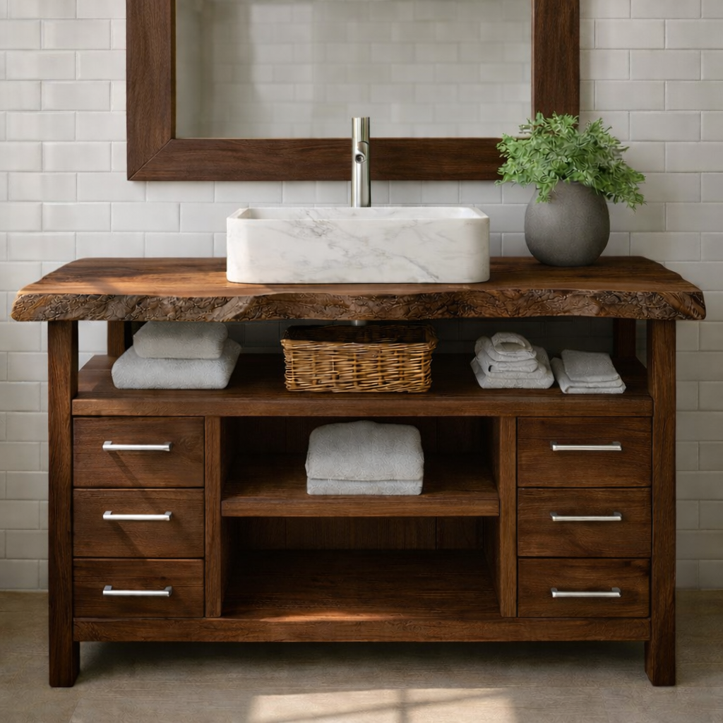 Solid Wood Bathroom Vanity with Six Drawers and Open Shelves – Freestanding Natural Wood Vanity Cabinet