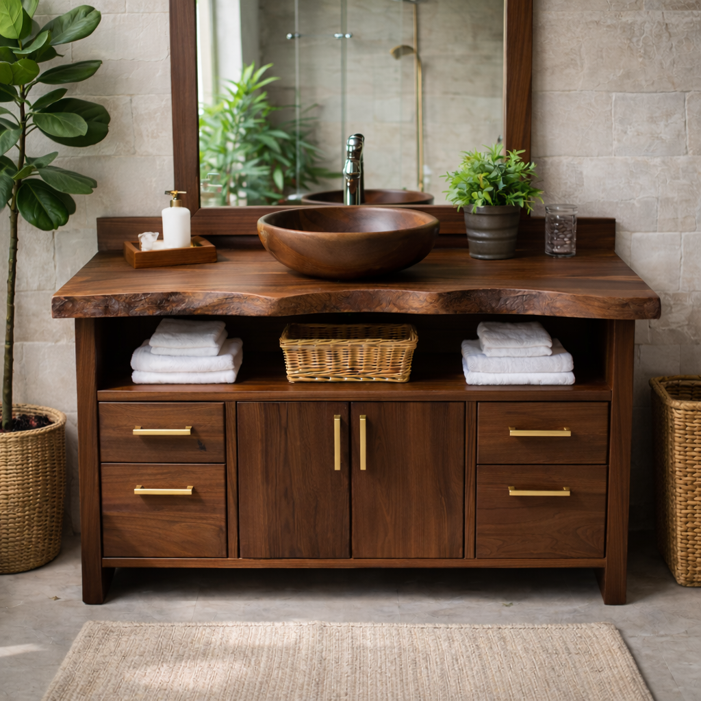 Live Edge Solid Wood Bathroom Vanity with Four Drawers, Double Cabinet Doors and Open Shelf