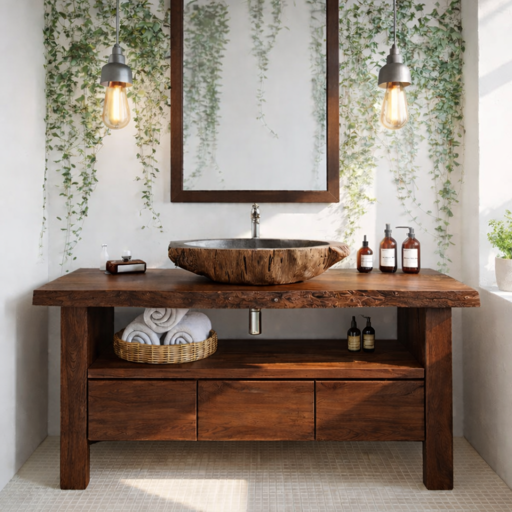 Live Edge Solid Wood Bathroom Vanity with Drawers and Open Shelf – Rustic Natural Wood Bathroom Vanity