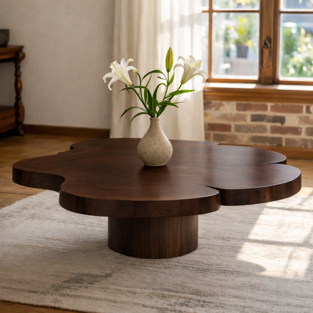 Organic Shaped Walnut Coffee Table with Pedestal Base, Modern Sculptural Design for Living Room