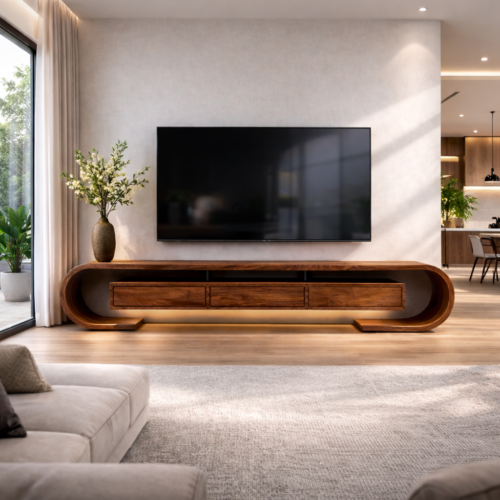 Modern Curved Solid Wood TV Stand – Walnut Floating Media Console with Drawers