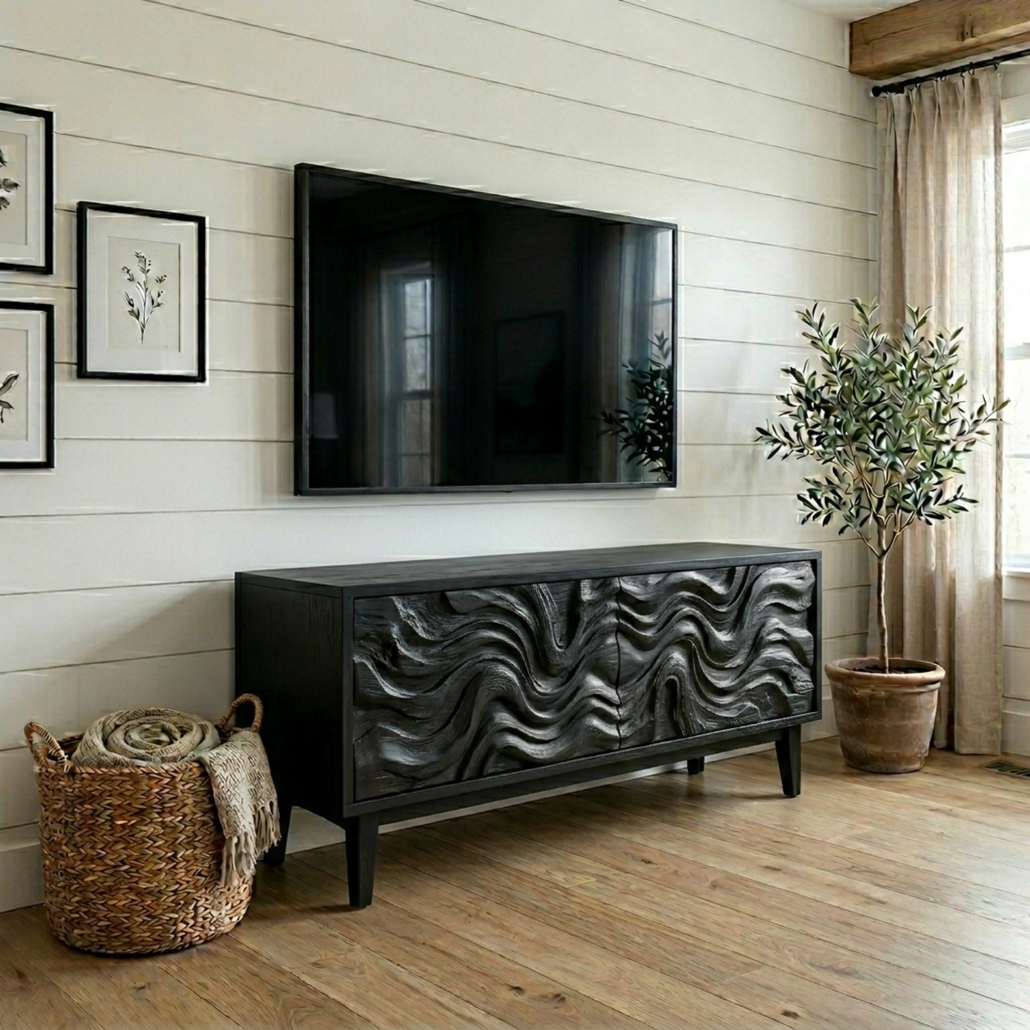 Solid Wood Rustic TV Stand with Hand-Carved Wave Doors – Modern Media Console