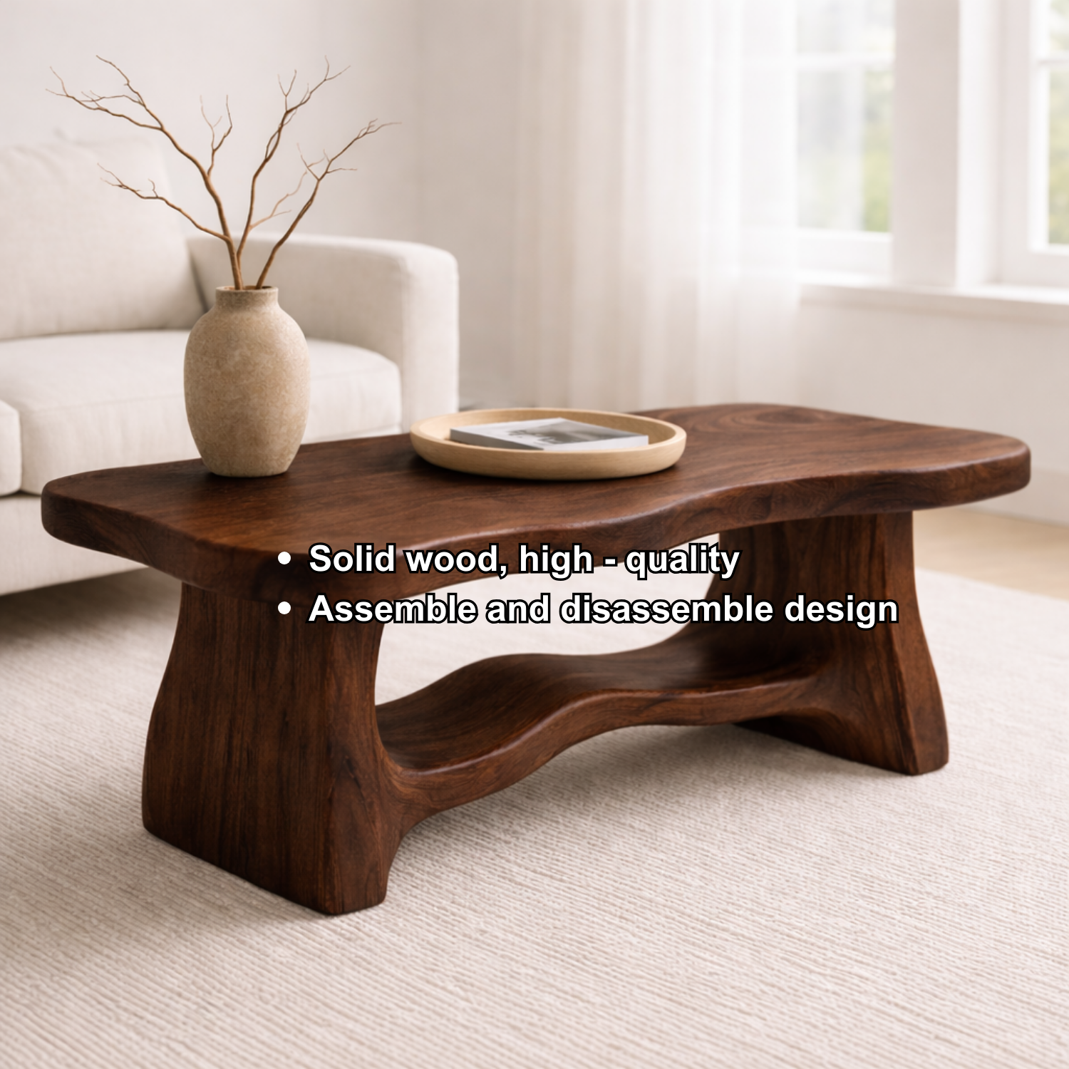 Solid Wood Coffee Table with Organic Curved Base – Rustic Modern Living Room Table