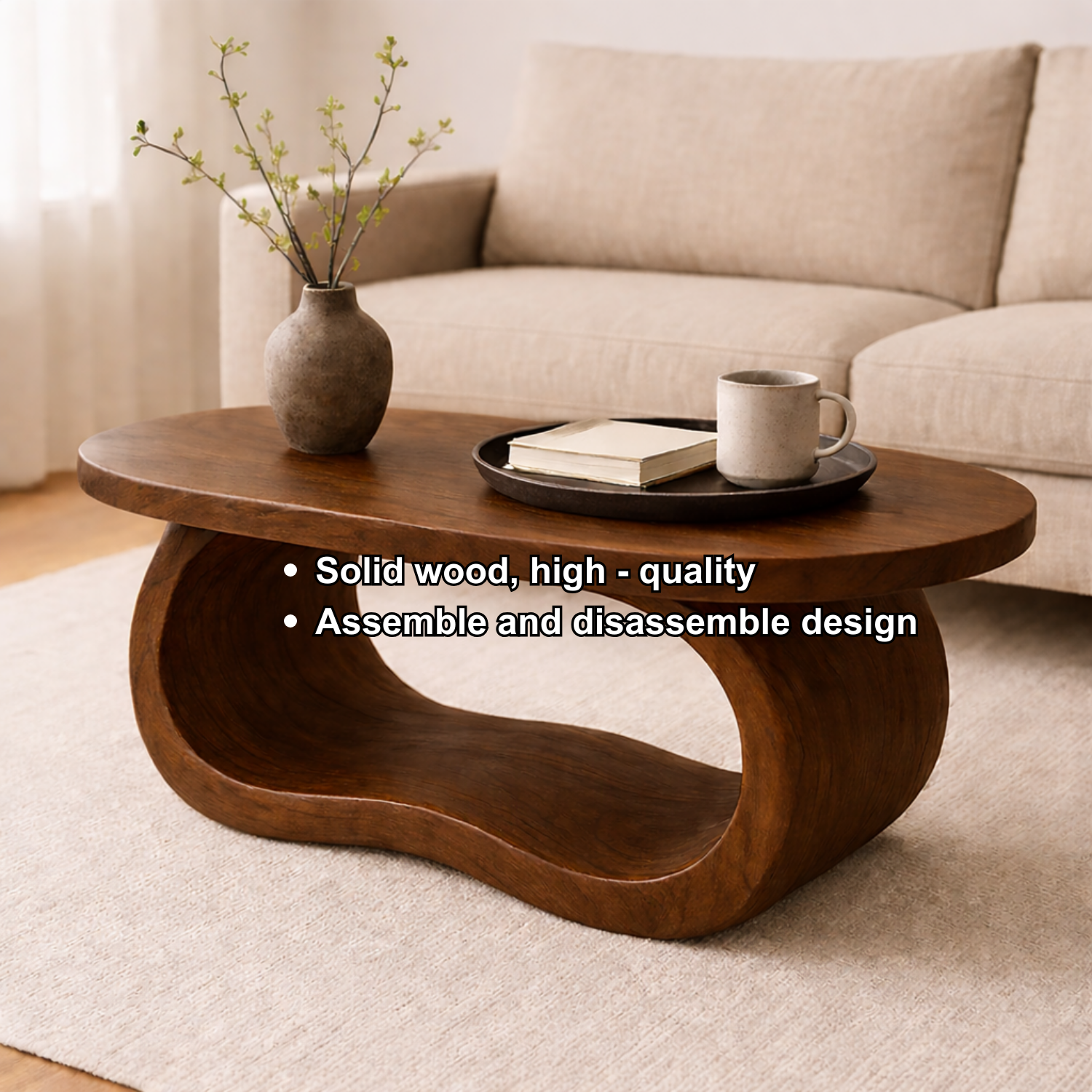 Curved Solid Wood Coffee Table – Sculptural Modern Living Room Center Table