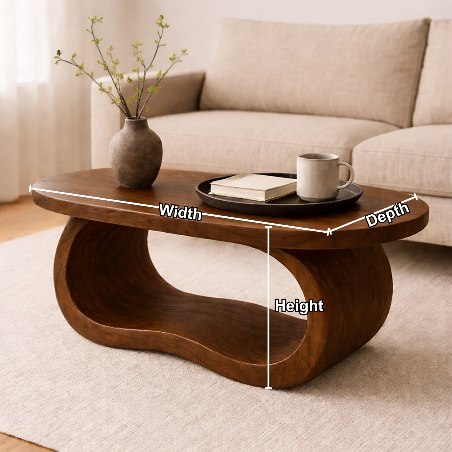 Curved Solid Wood Coffee Table – Sculptural Modern Living Room Center Table