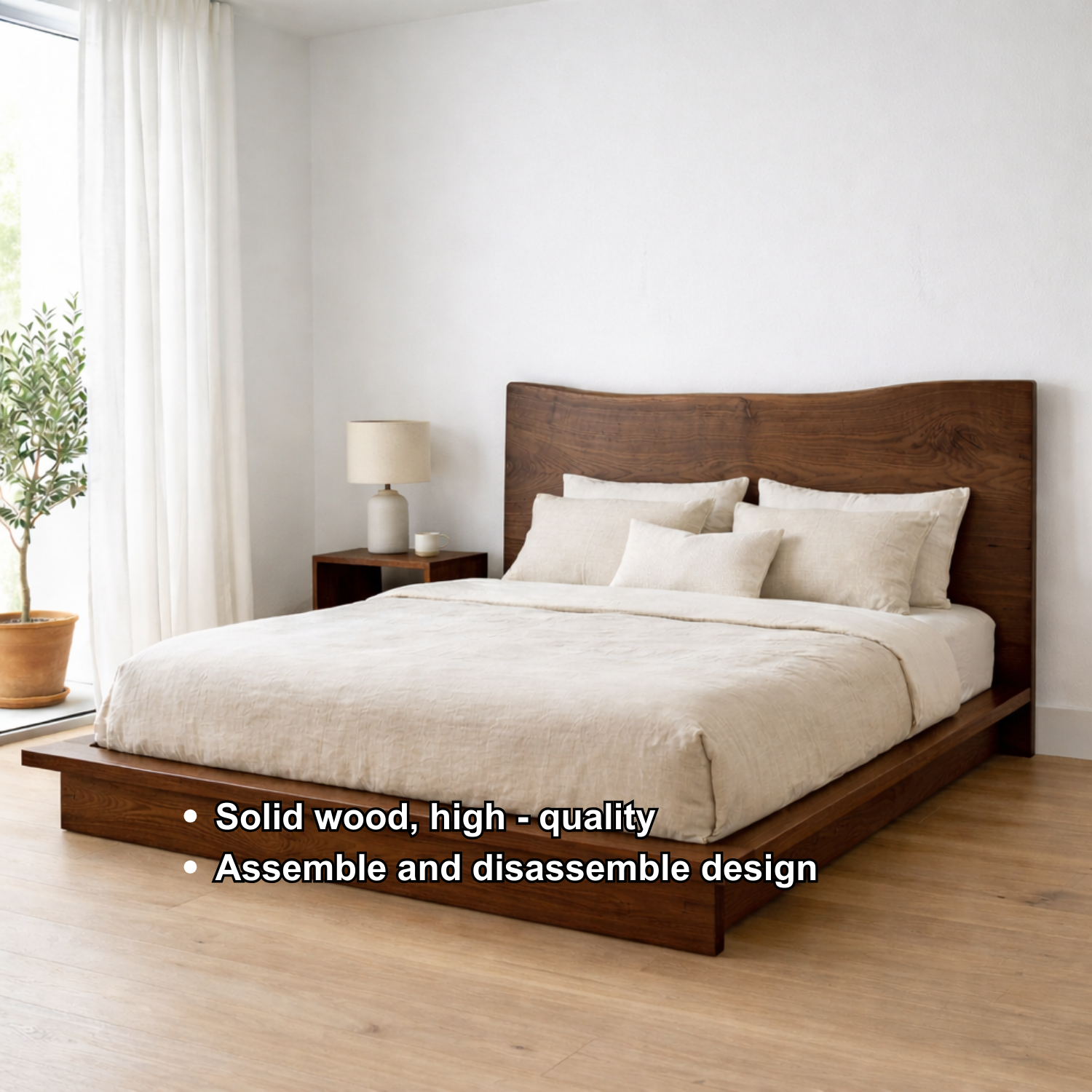 Solid Wood Platform Bed Frame with Curved Headboard – Low Profile Design