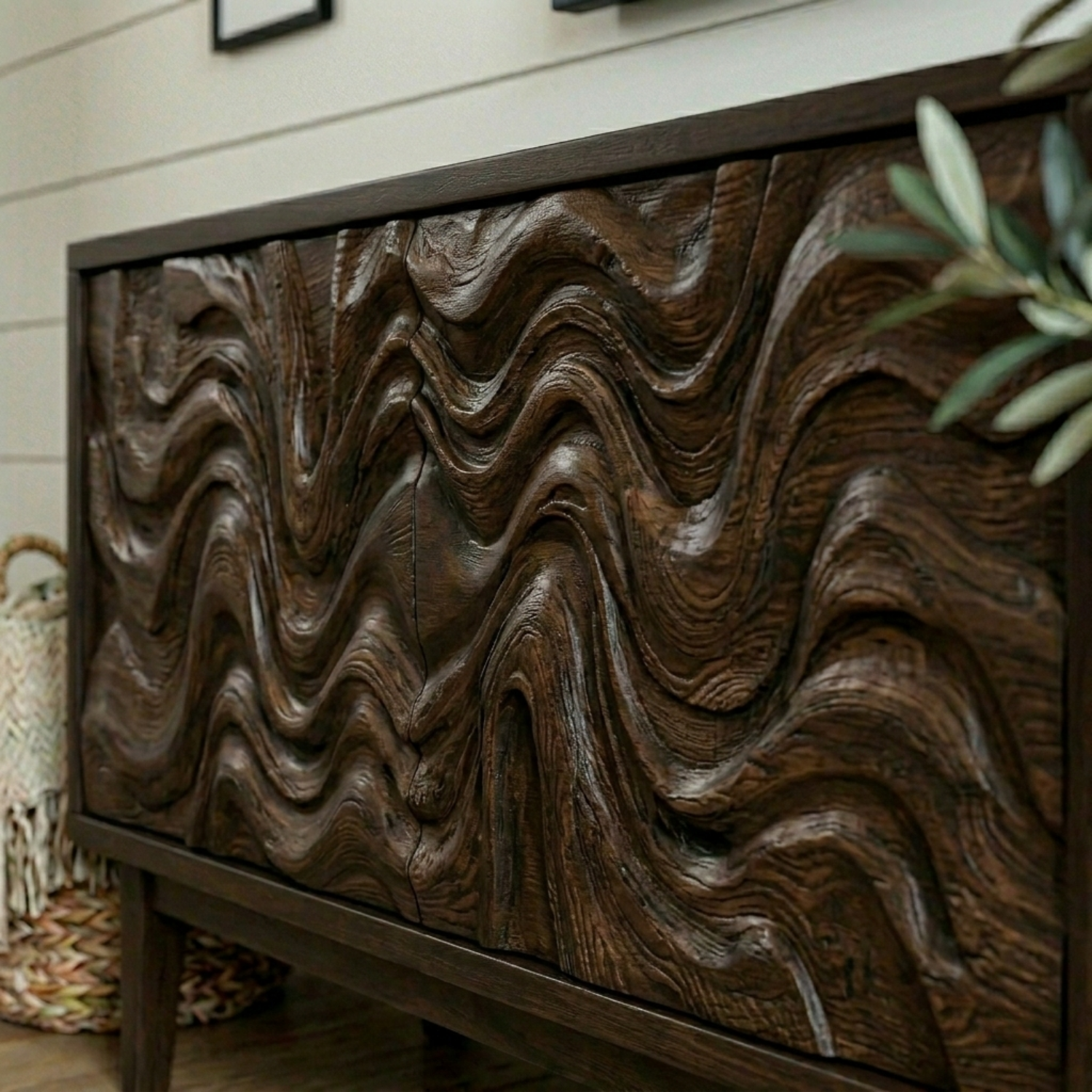 Solid Wood Rustic TV Stand with Hand-Carved Wave Doors – Modern Media Console