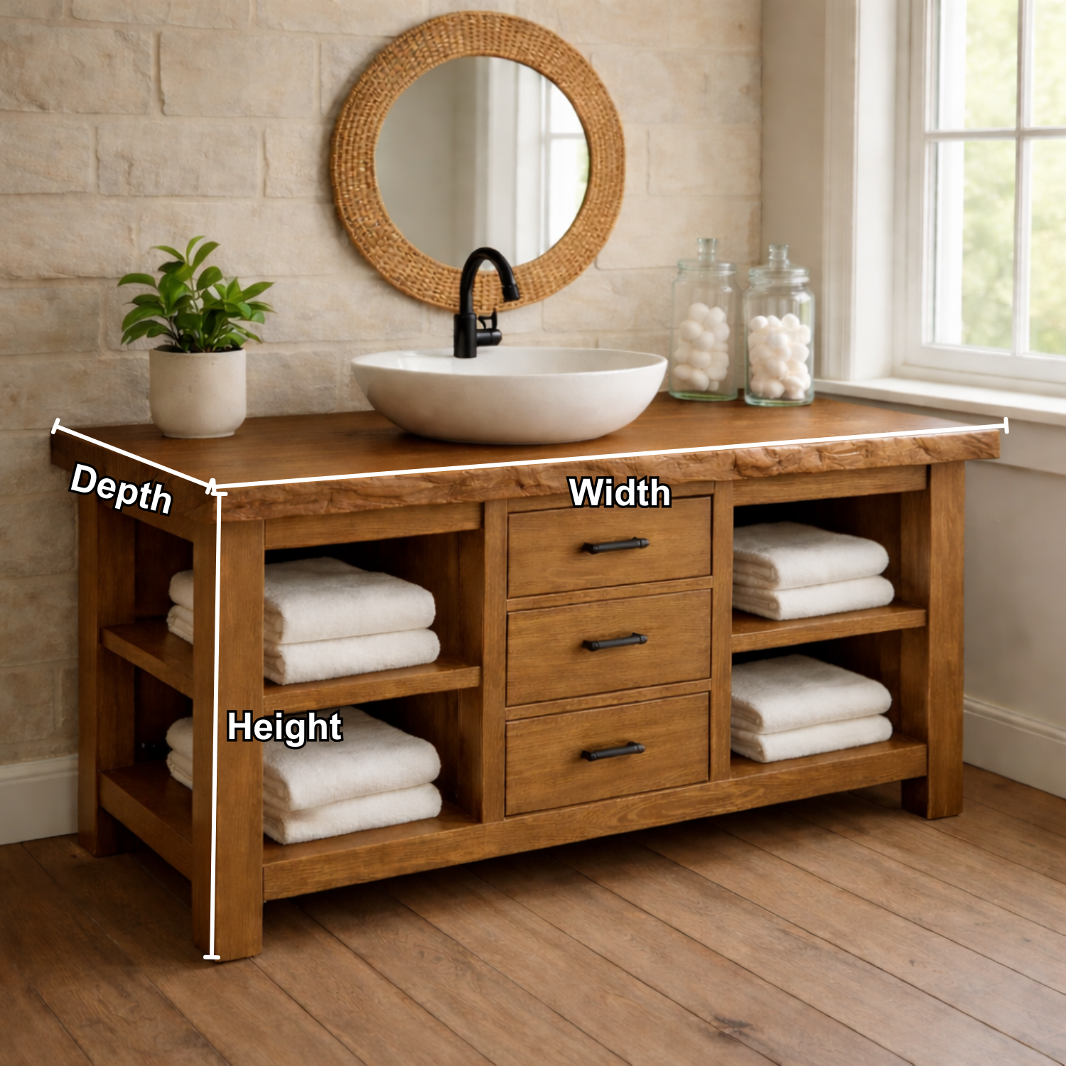 Live Edge Solid Wood Bathroom Vanity with 3 Drawers & Open Shelves