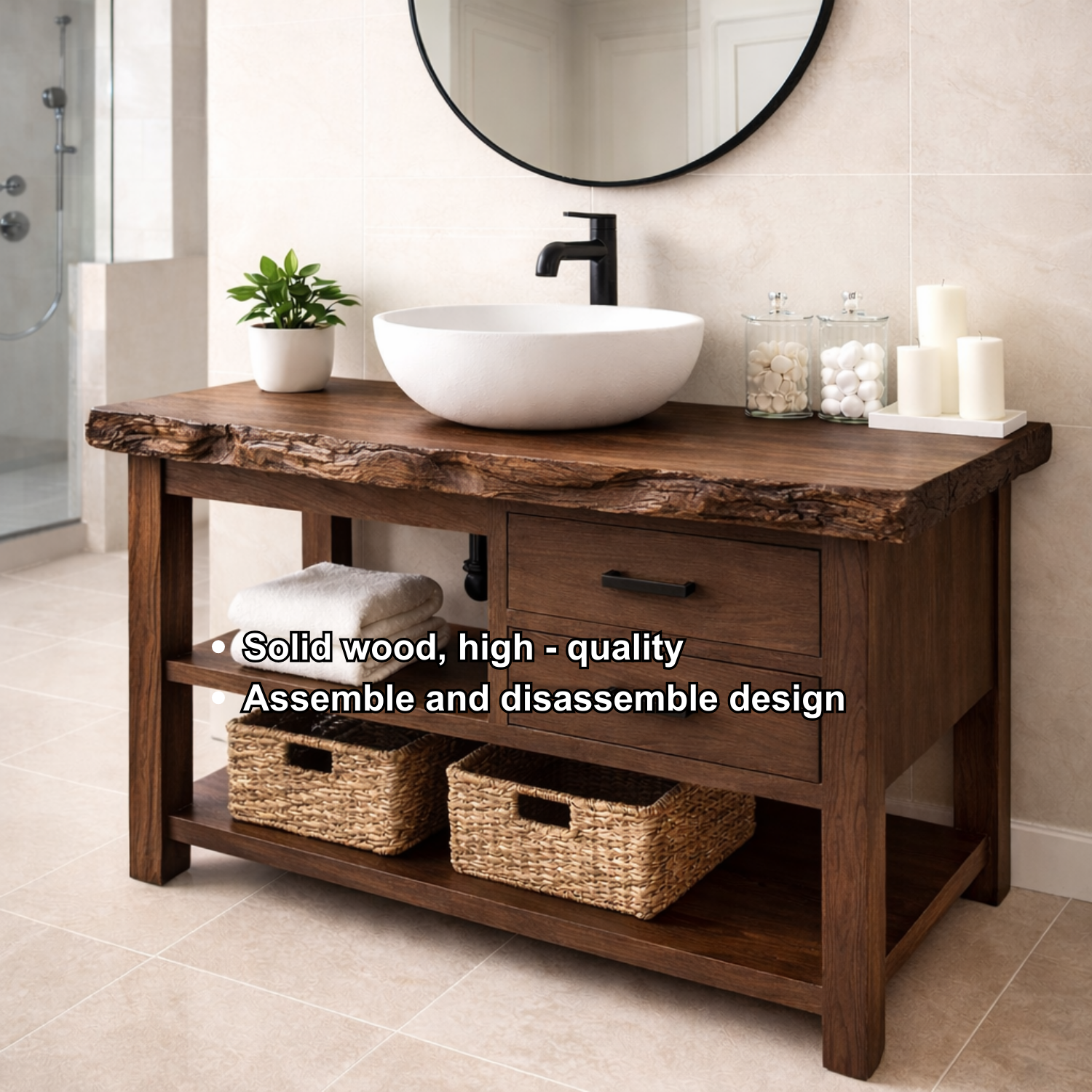 Live Edge Solid Wood Bathroom Vanity with 2 Drawers & Open Shelf