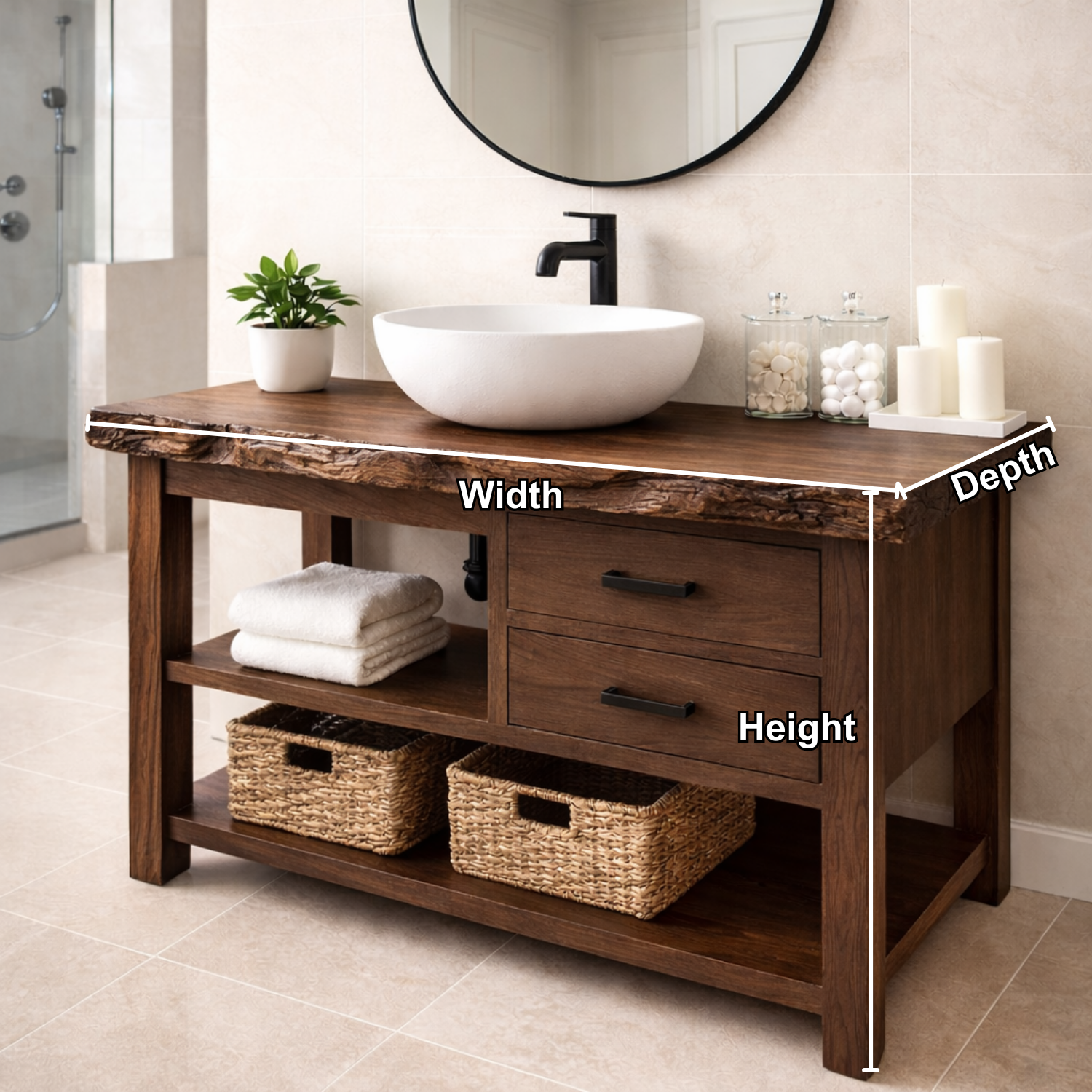 Live Edge Solid Wood Bathroom Vanity with 2 Drawers & Open Shelf