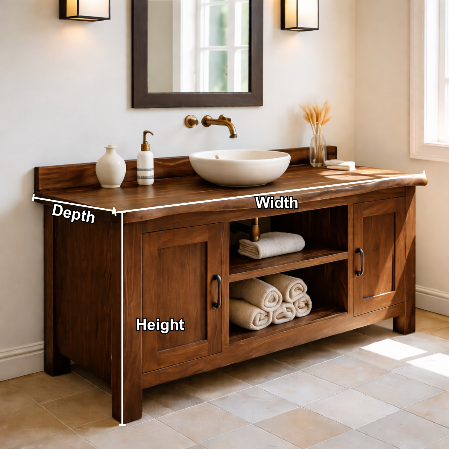 Solid Wood Bathroom Vanity with Cabinet Doors & Open Shelf Storage