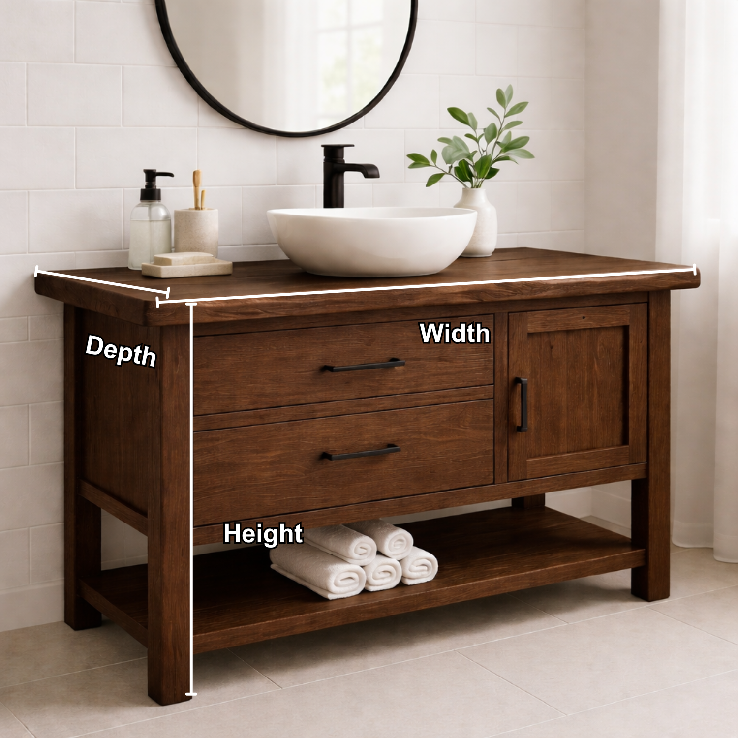 Solid Wood Bathroom Vanity with 2 Drawers, Cabinet Door & Open Shelf