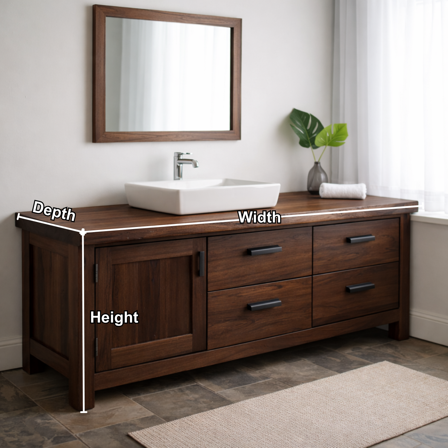Solid Wood Bathroom Vanity with 4 Drawers & Side Cabinet Door
