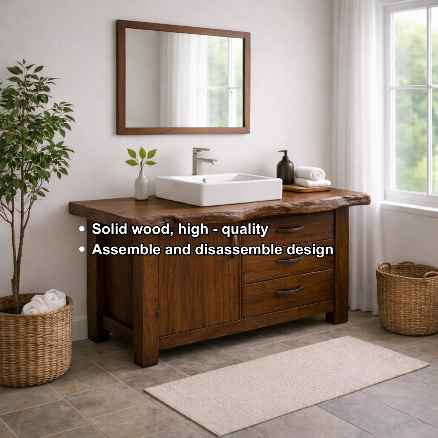 Live Edge Solid Wood Bathroom Vanity with Cabinet & 3 Drawers