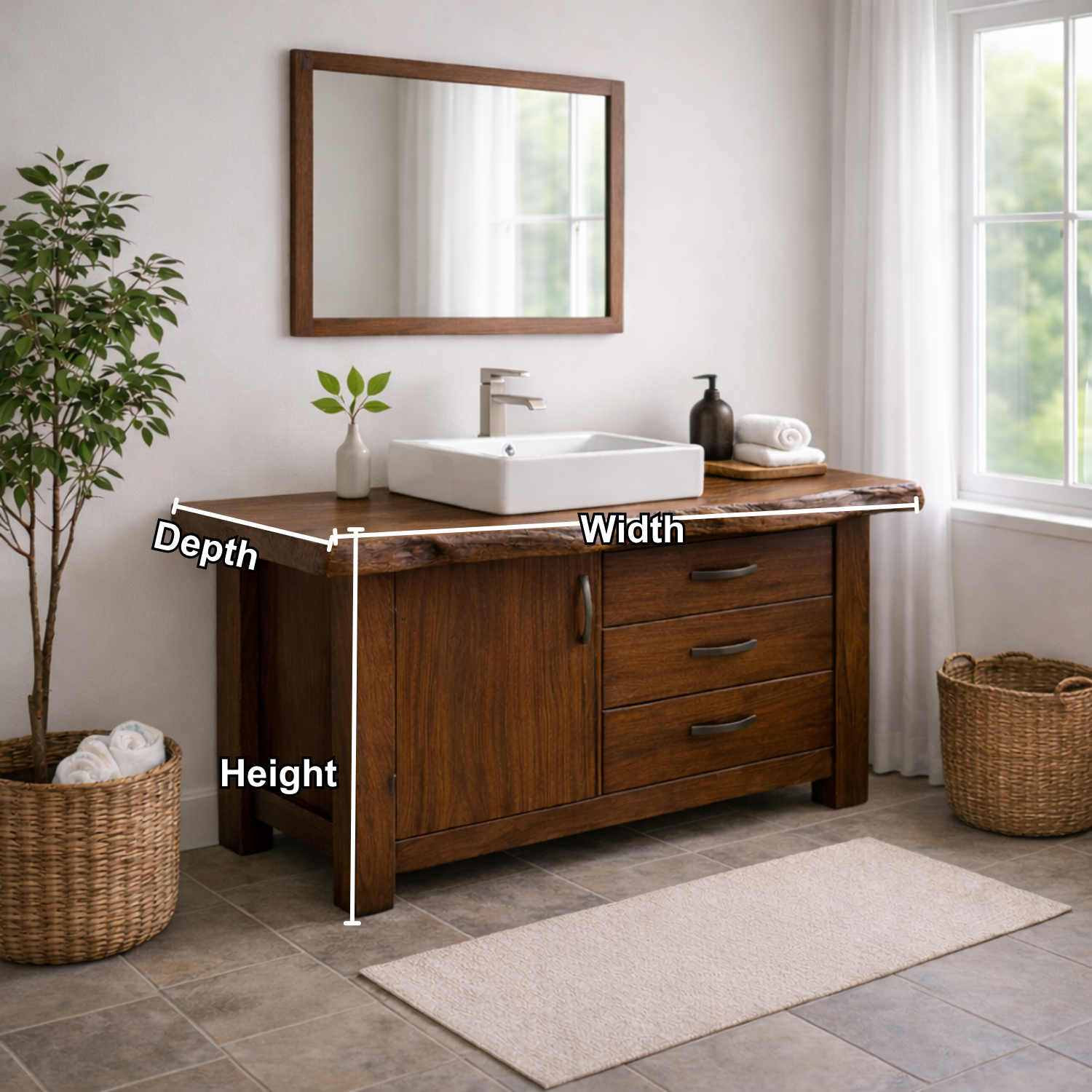 Live Edge Solid Wood Bathroom Vanity with Cabinet & 3 Drawers