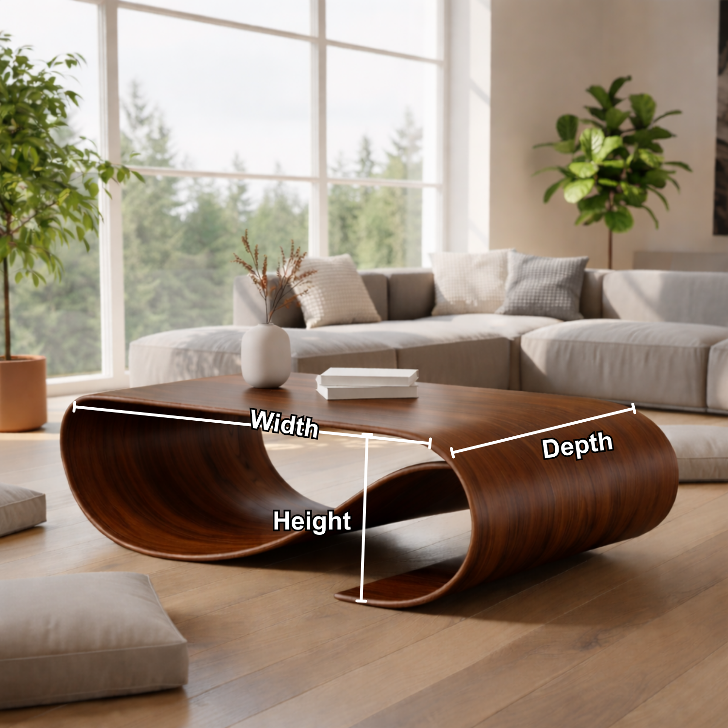 Solid Wood Sculptural Coffee Table with Curved Loop Base – Modern Organic Coffee Table