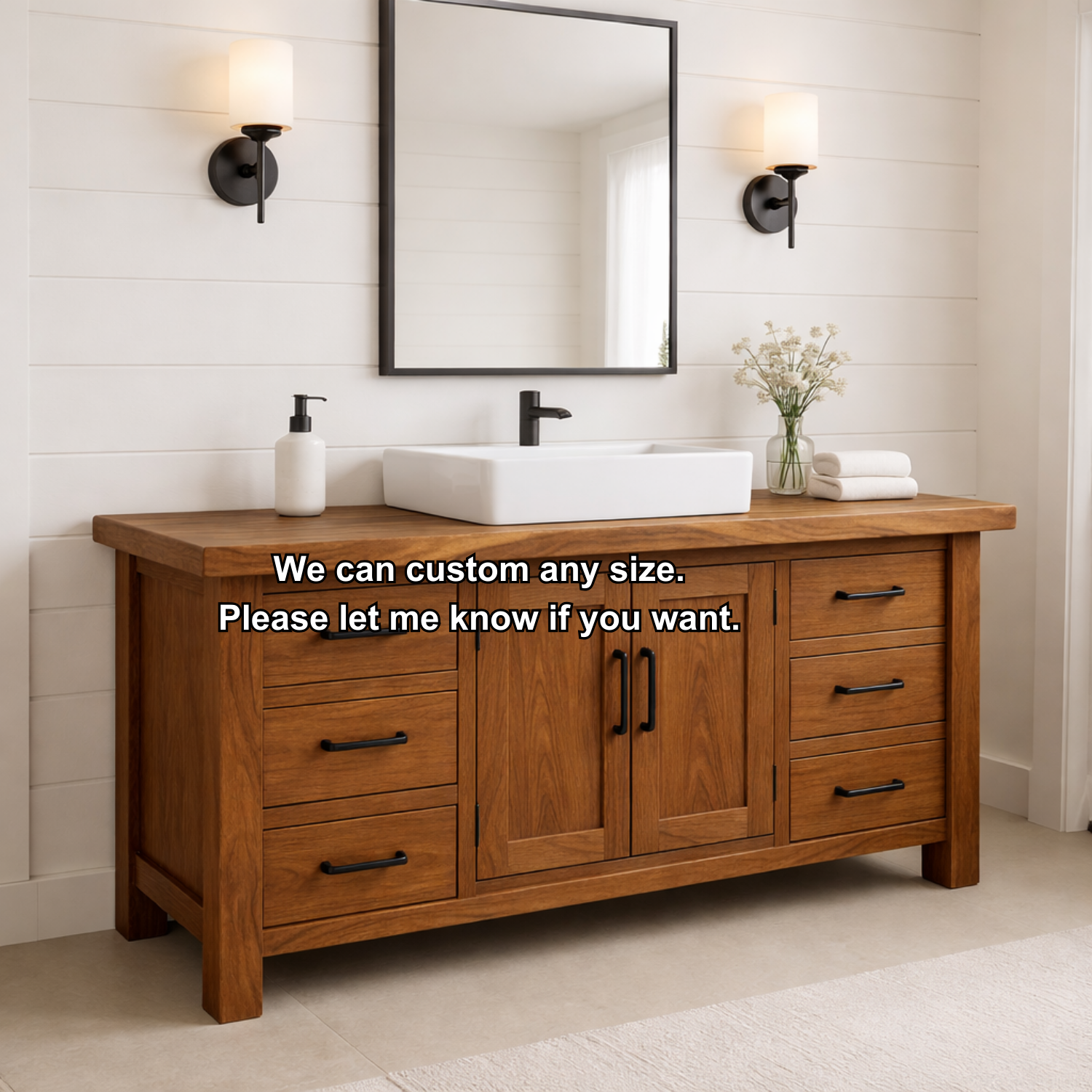 Solid Wood Bathroom Vanity with 6 Drawers & Double Door Cabinet