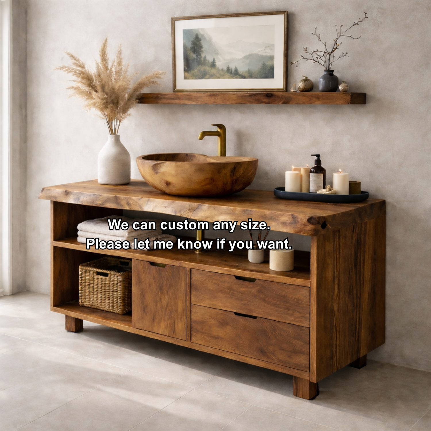 Solid Wood Bathroom Vanity with Live Edge Top & Open Shelf Storage