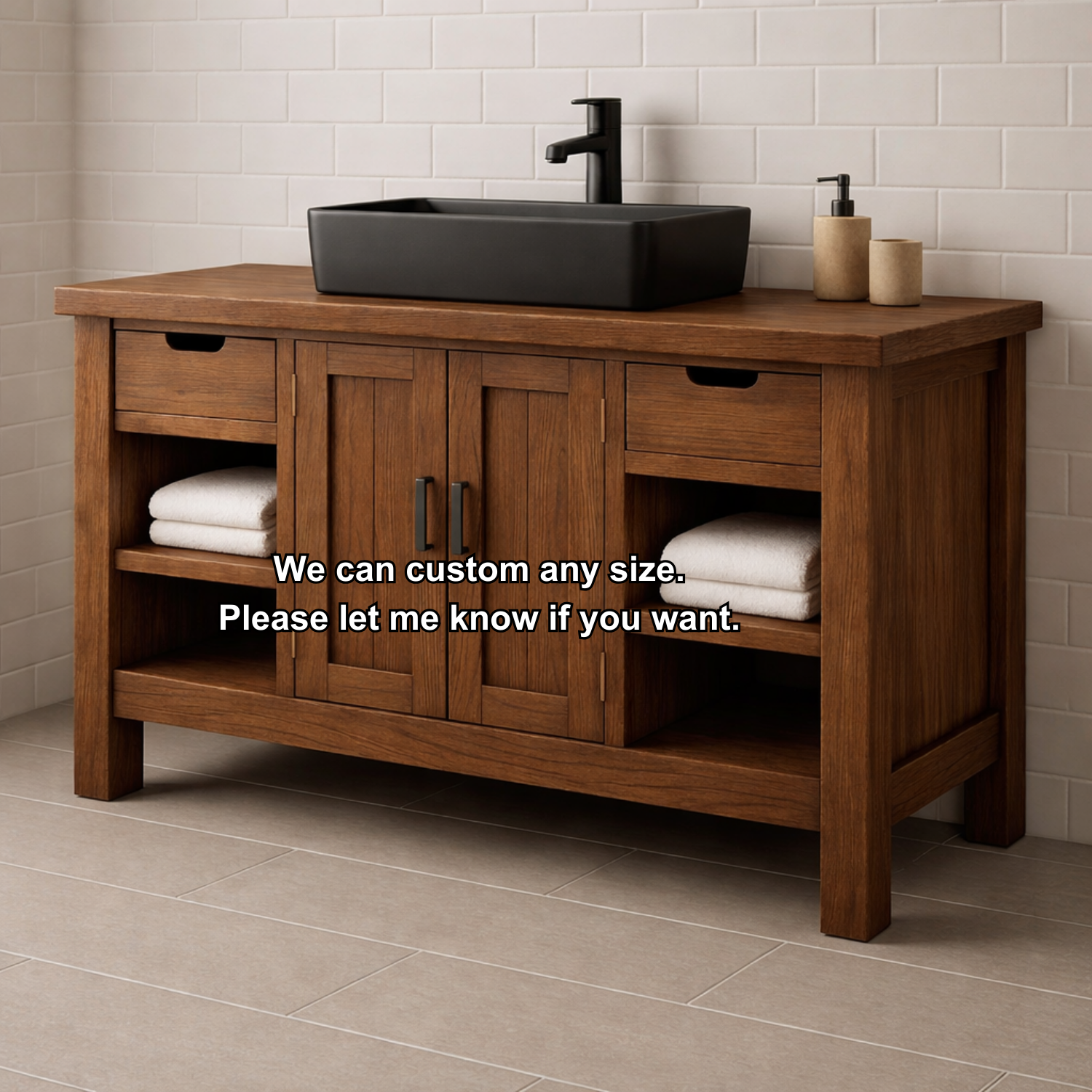Solid Wood Bathroom Vanity with Drawers, Cabinet & Open Shelf Storage