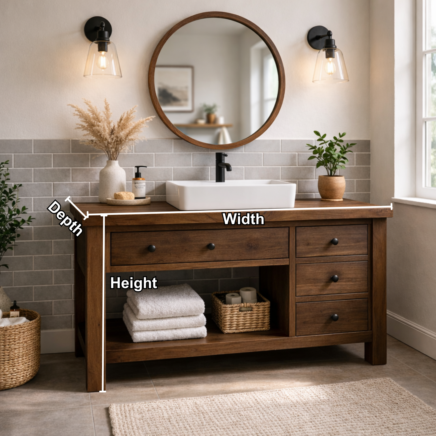 Solid Wood Bathroom Vanity with Drawers & Open Shelf Storage