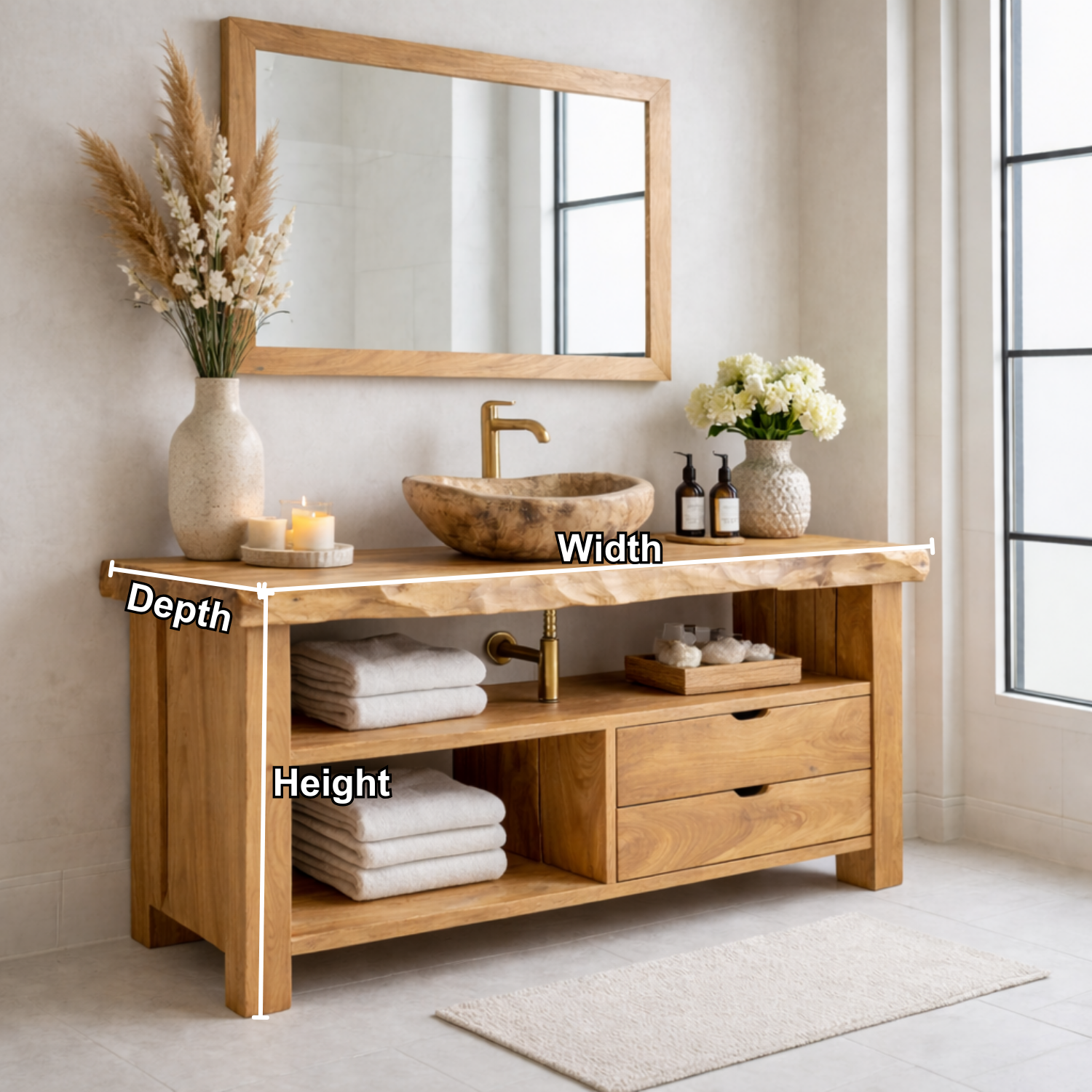 Solid Wood Bathroom Vanity with Live Edge Top & 2 Drawers