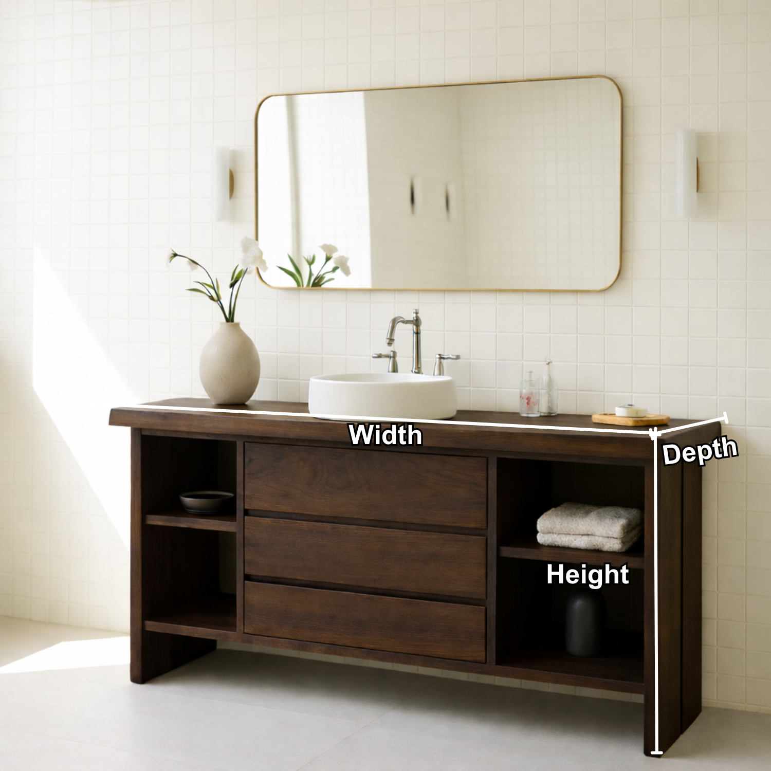 Solid Wood Bathroom Vanity with 3 Drawers & Open Shelf Storage