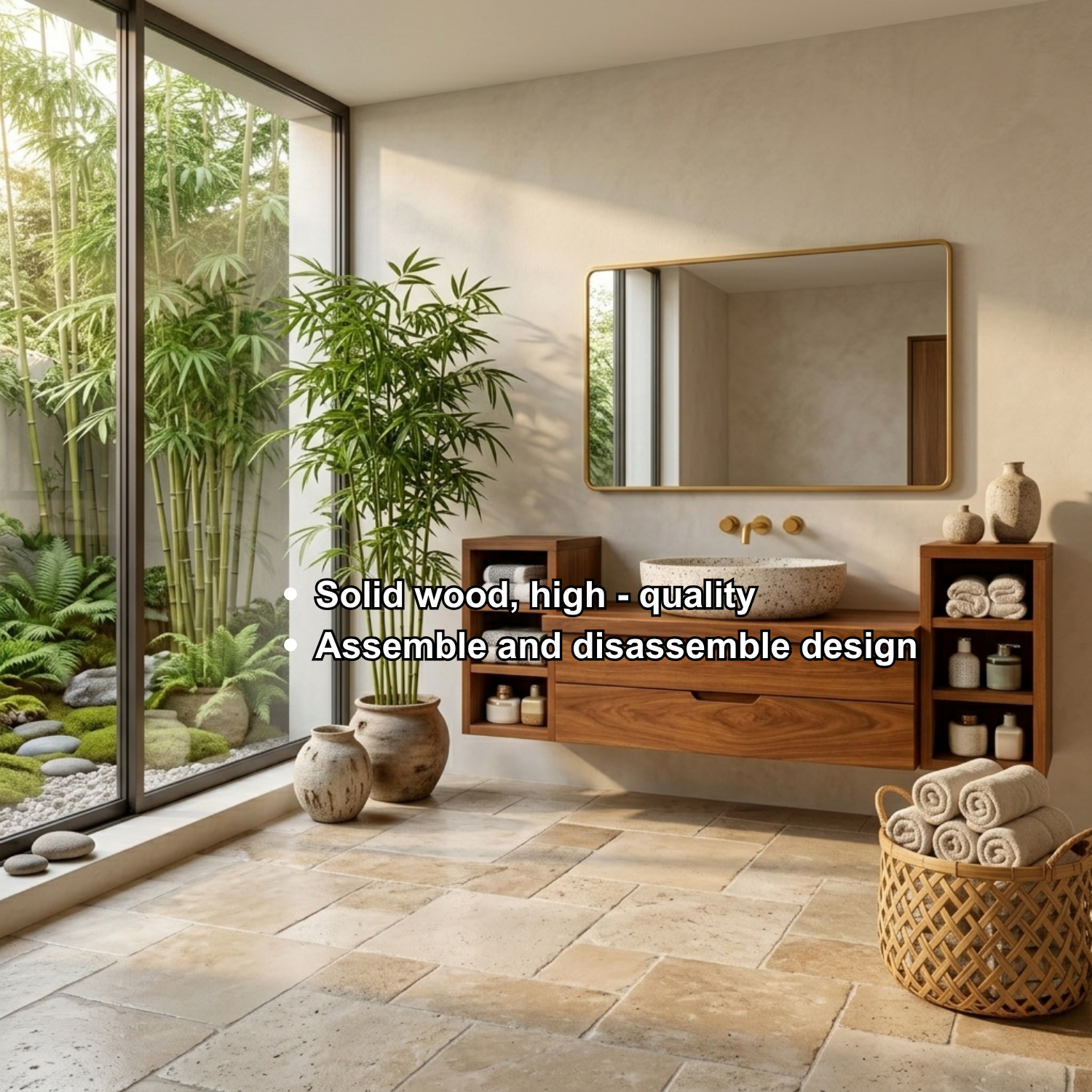Floating Solid Wood Bathroom Vanity with Double Drawers and Open Side Shelves on Both Sides